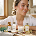 Four skincare products labeled Radiance Boost, Hydrate & Glow, Nightly Repair Moisturizer, and Glow Oil displayed with small flowers and greenery