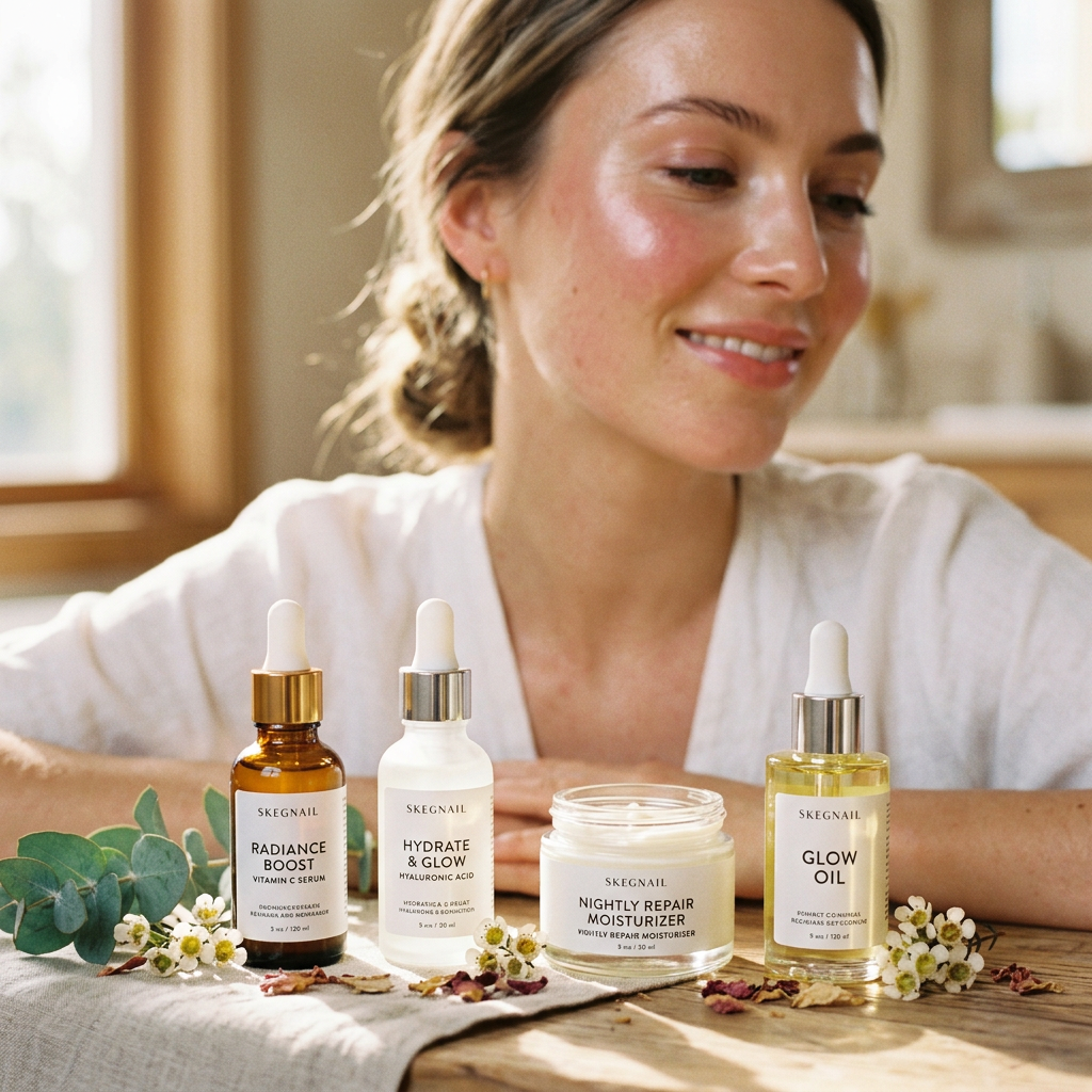 Four skincare products labeled Radiance Boost, Hydrate & Glow, Nightly Repair Moisturizer, and Glow Oil displayed with small flowers and greenery